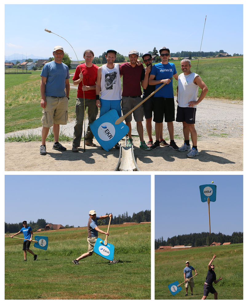 Die Apps with love Teammitglieder auf einem Hornussen-Feld, als Beobachter oder als Teilnehmer an einer Trainingseinheit.