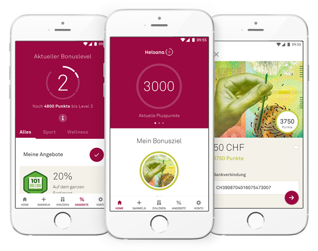 Screenshots der Helsana+ App-Oberfläche
