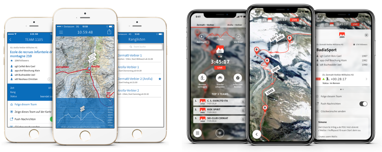 Ein Vergleichsbild der alten und der neu gestalteten Oberfläche der Patrouille des Glaciers-App.