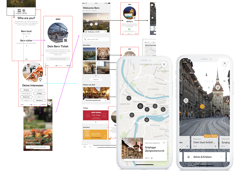Skizzen der Bern Welcome App und 2 fertige Screens