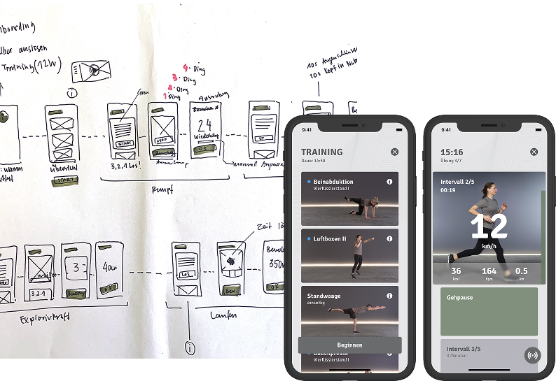 Handskizzen der ready App und 2 fertige Screens der App