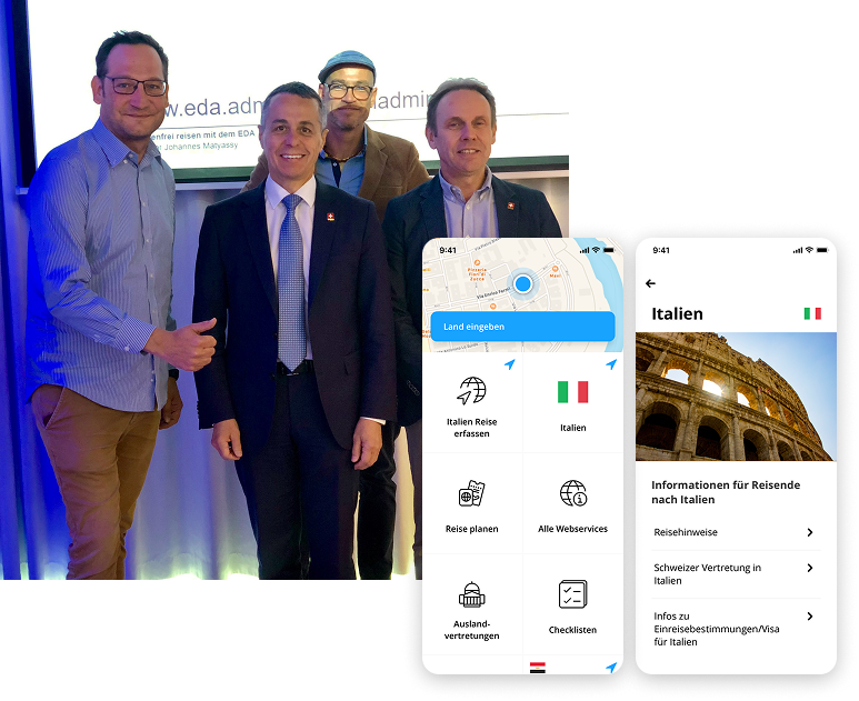 Stephan Klaus und Michael Schranz mit Bundesrat Ignazio Cassis, 2 fertige Screens der EDA App