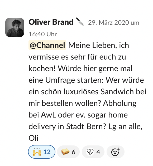 Slack-Nachricht von Koch Oli, dass er gerne Sandwiches zum Abholen machen würde.