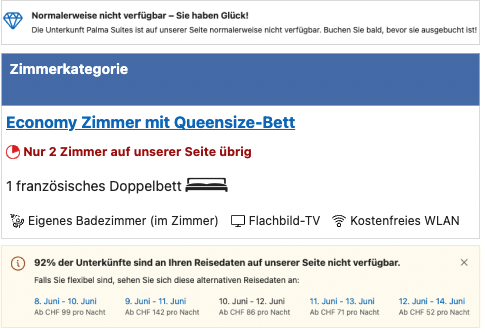 Nachrichten zur knappen Verfügbarkeit auf einer Buchungsplattform