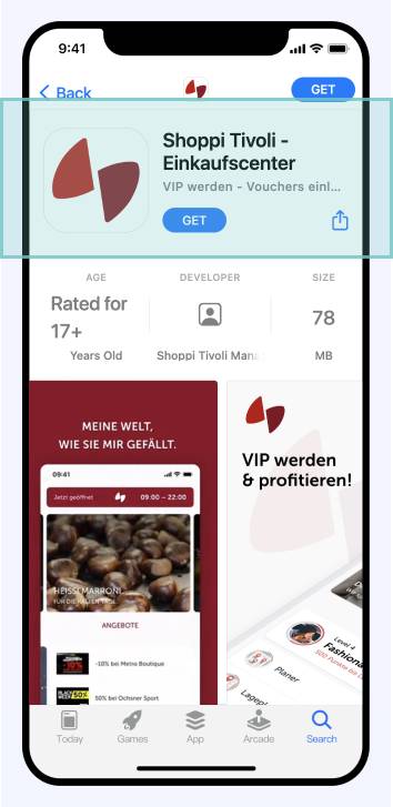 Name und Subtitel der Shoppi Tivoli App im App Store