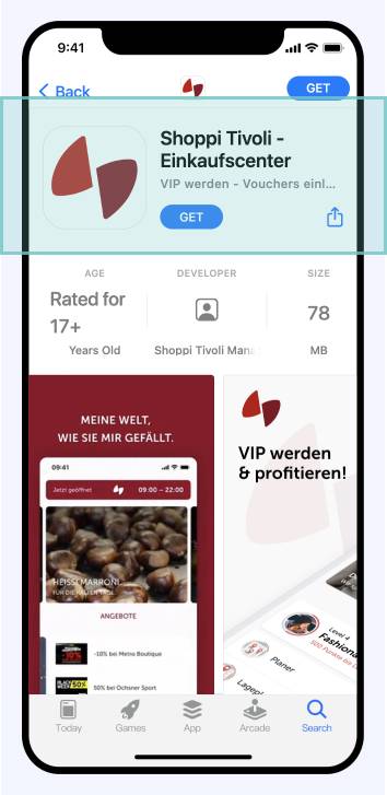 Name and subtitel of the Shoppi Tivoli App in the App Store
