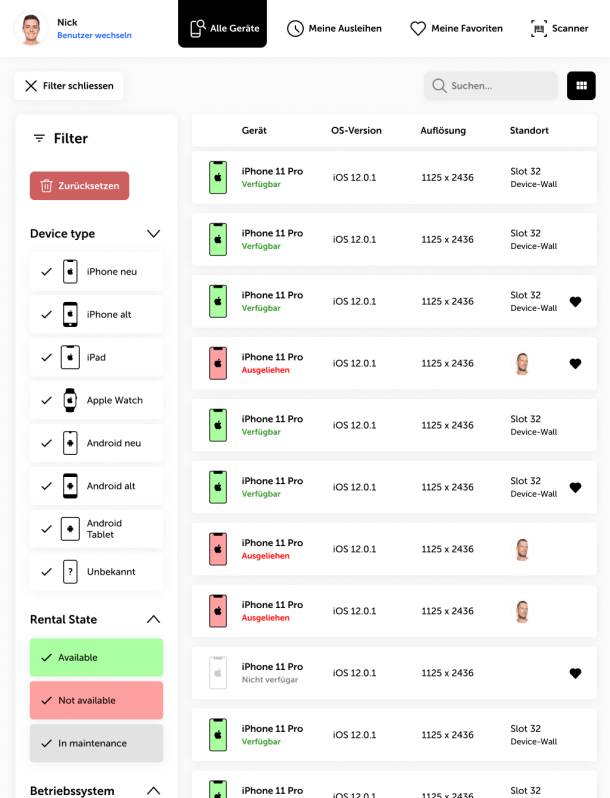 Vue de la liste de tous les appareils de test