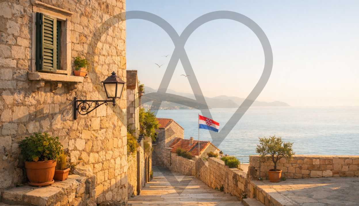 KI-generiertes Bild, das einen Küstenort in Kroatien zeigt mit typischer Architektur im Vordergurnd, einer kroatischen Falgge sowie dem Meer im Hintergrund. Ein Apps with love Logo ist halb durchsichtig über das ganze Bild gelegt.