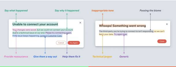 Examples of a good and a bad error message with comments