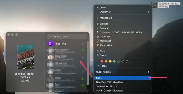 Screenshot eines macOS-Desktops mit ausgewählter Bilddatei und hervorgehobenem Menüpunkt "Blip" im Kontextmenü