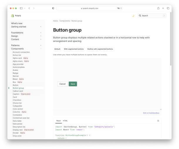 Capture d'écran avec les composants button de Polaris