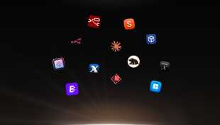 Icons verschiedener Entwicklungs- und Design-Tools auf einem dunklen Hintergrund