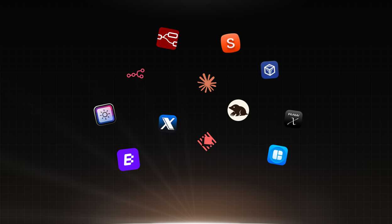 Icons verschiedener Entwicklungs- und Design-Tools auf einem dunklen Hintergrund