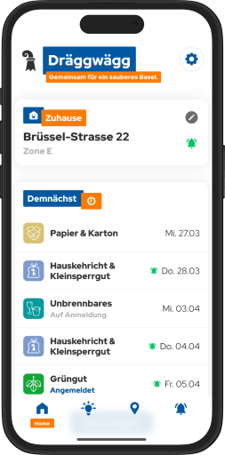 Dräggwägg Homescreen mit den nächsten Abfuhrterminen