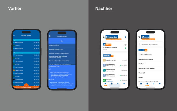 Dräggwägg App vor und nach dem Redesign