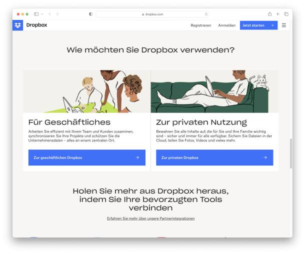 Screenshot der Dropbox Landingpage