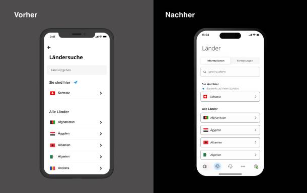 Recherche de pays dans l'application Travel Admin avant et après le redesign