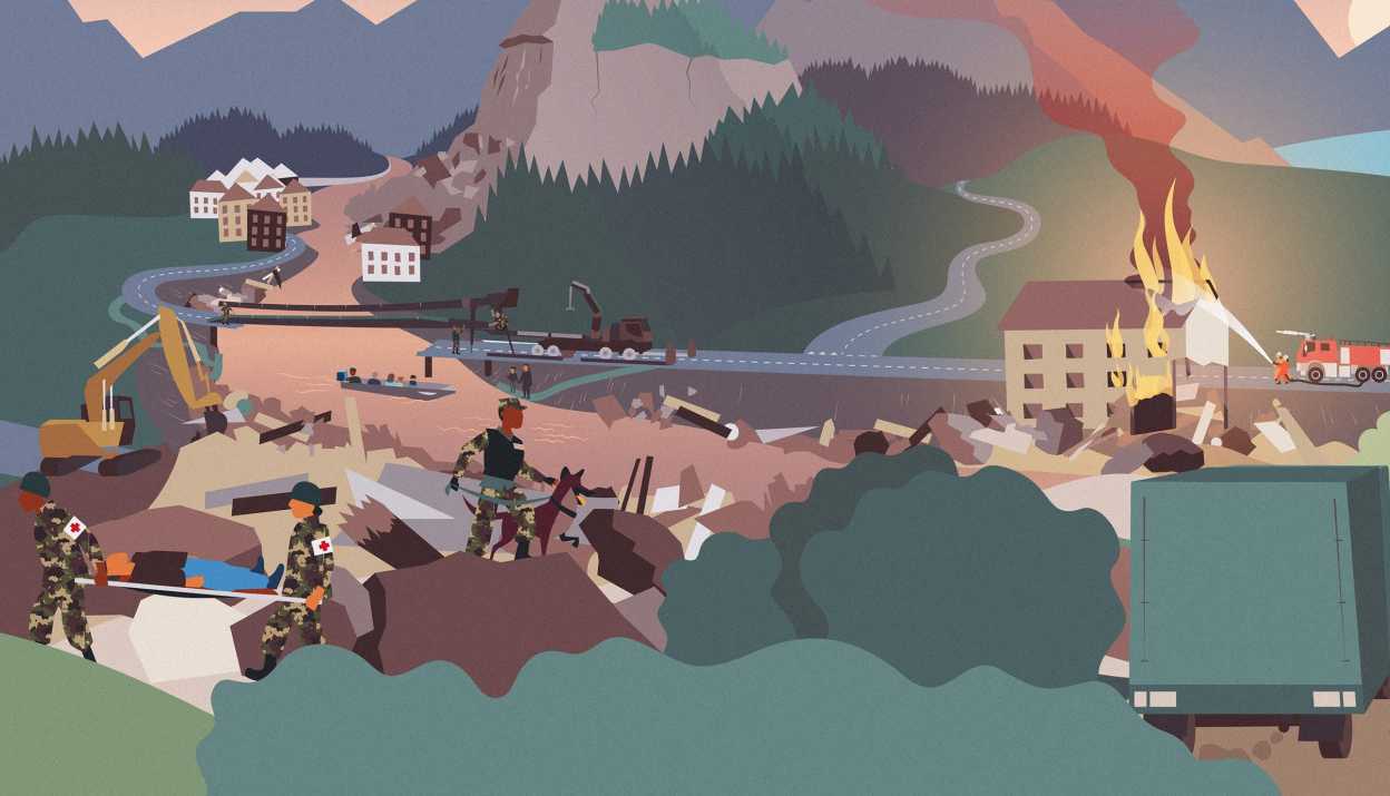 Illustration of an environmental disaster with army intervention