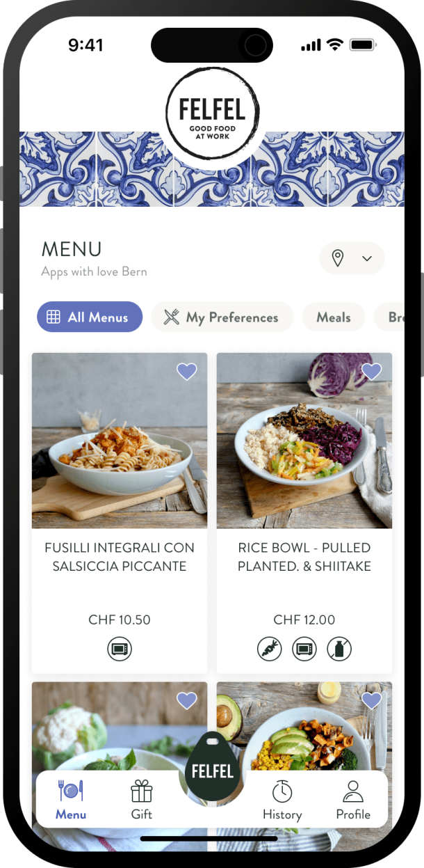 Menu overview in the FELFEL app