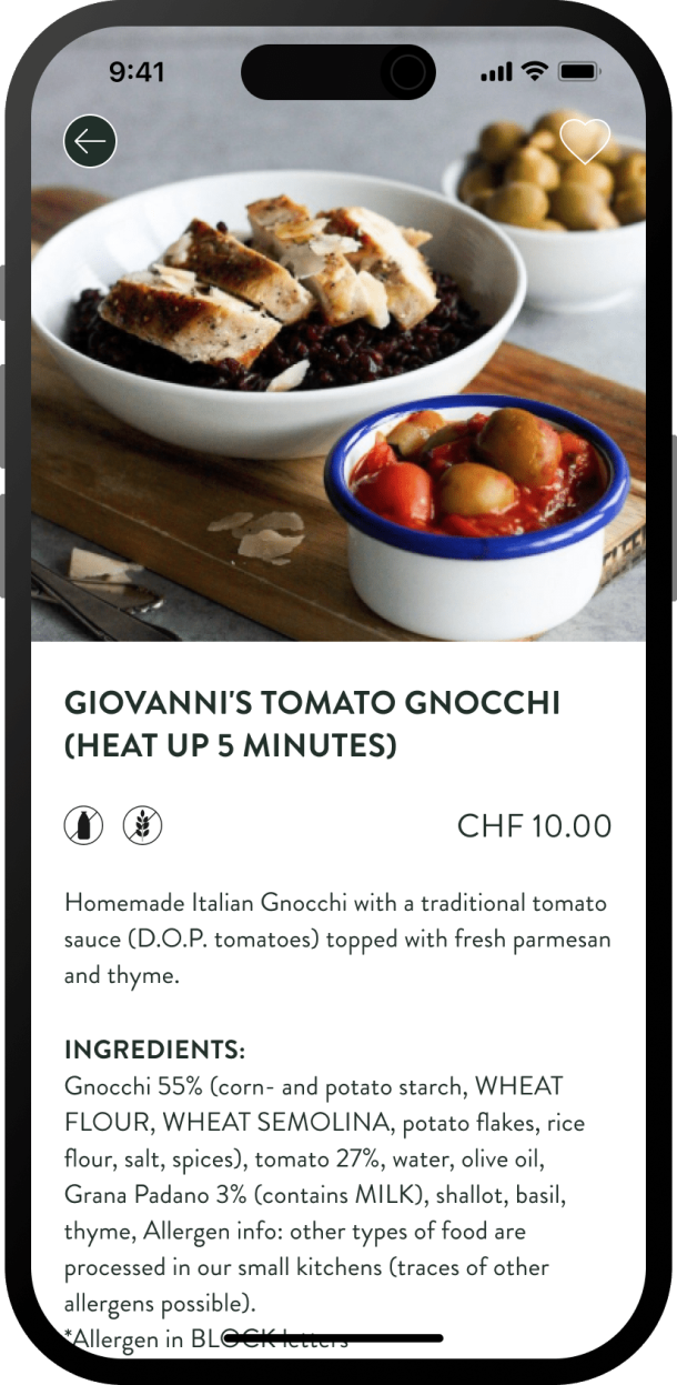 Detailed view of a menu with information on ingredients and nutritional values