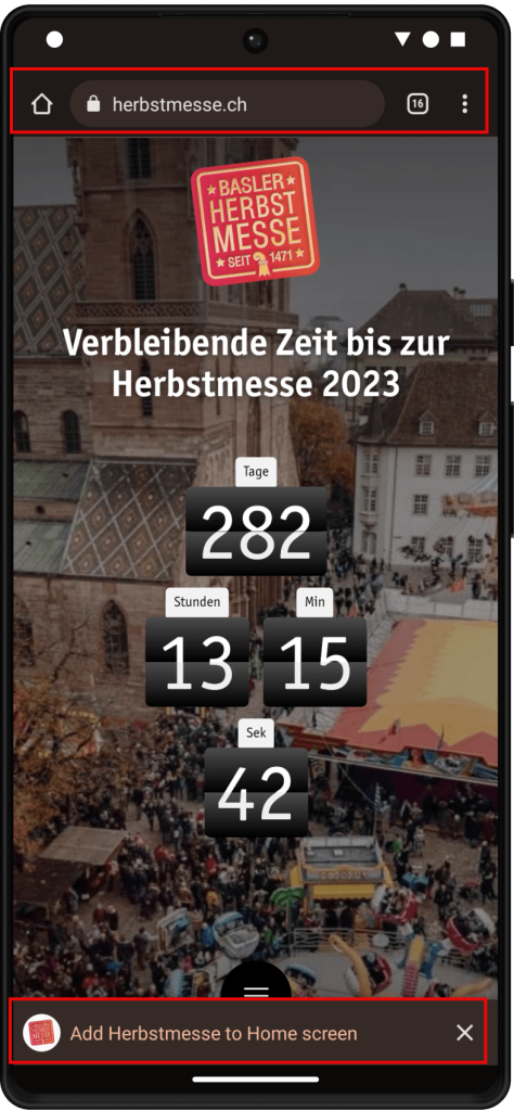 Homepage of the Basel Autumn Fair PWA, which can be added to the Home Screen.