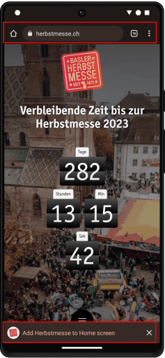 Homepage der Basler Herbstmesse PWA, welche zum Home Screen hinzugefügt werden kann