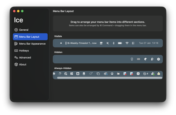 Screenshot des Tools Ice, das hilft, die Menubar zu organisieren