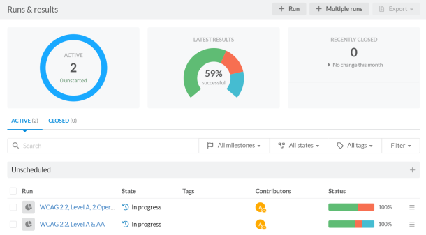 Screenshot aus Testmo Testing Tool mit active Tests und Results Dashboard