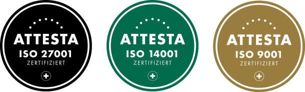 Certification seals for ISO 27001 in black, ISO 14001 in green and ISO 9001 in beige from Attesta