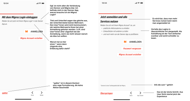 Denner app login screen before and after UX writing with comments