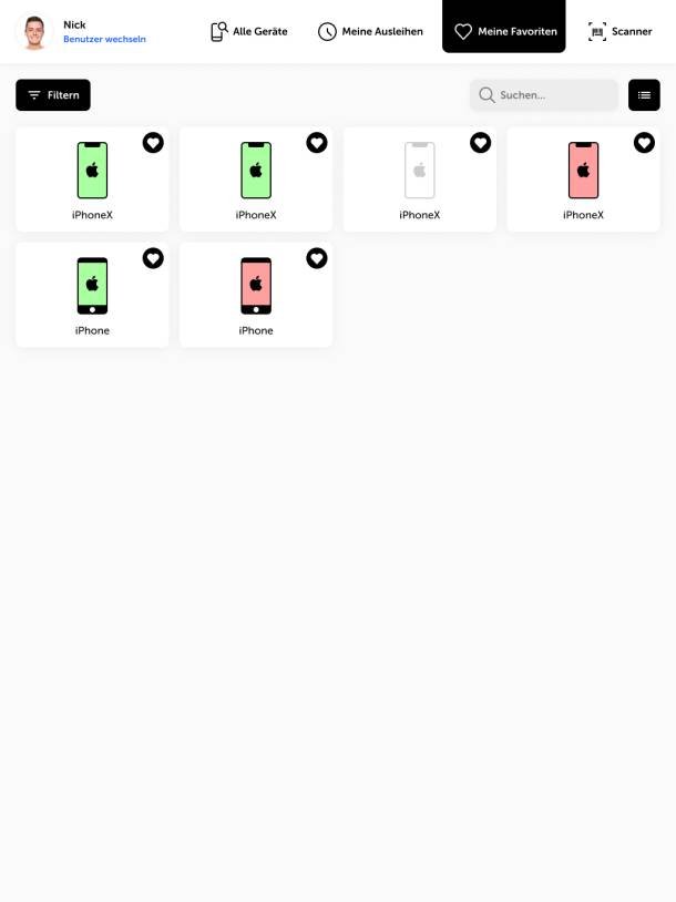 Kachelansicht von favorisierten Testgeräten