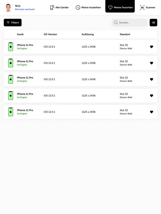 Vue en liste des appareils de test favoris