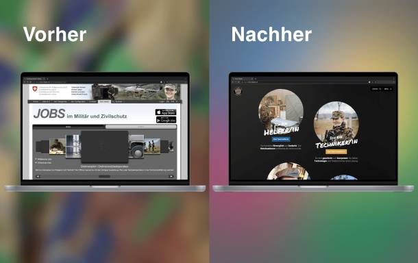 Ansicht der Miljobs Webseite die illustriert wie die Seite vor und nach der Neuentwicklung ausgesehen hat
