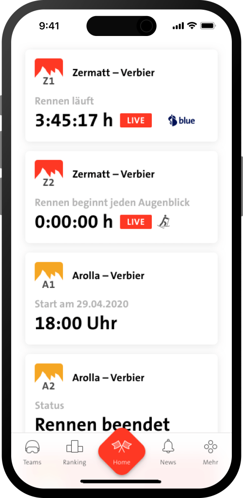 Homescreen of the Patrouille des Glaciers App