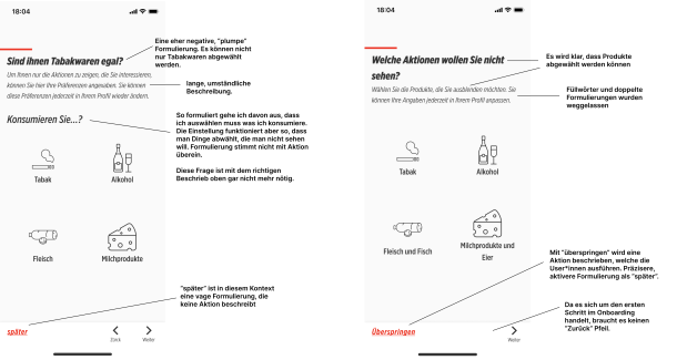 Denner App Onboarding Screen vor und nach UX-Writing mit Kommentaren