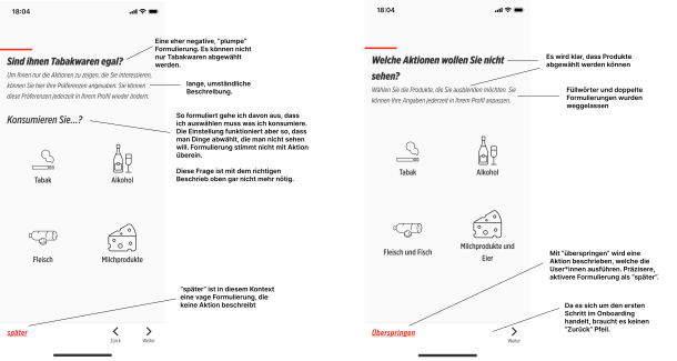 Denner app onboarding screen before and after UX writing with comments