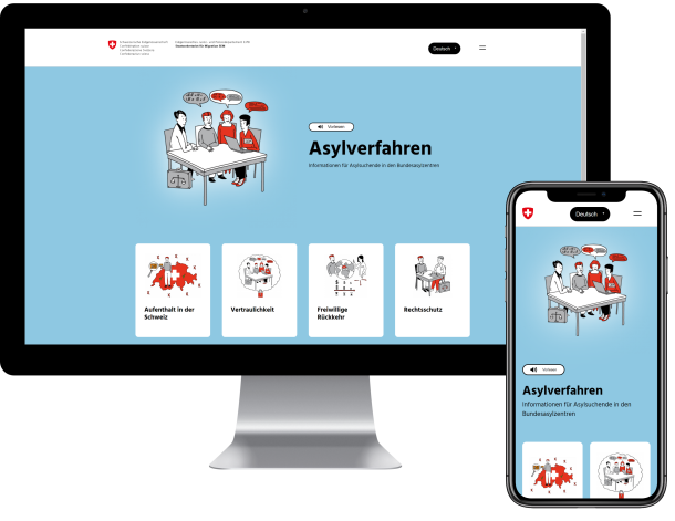 Bild der Asyl-Info Webseite auf einem Desktop Bildschirm und einem iPhone