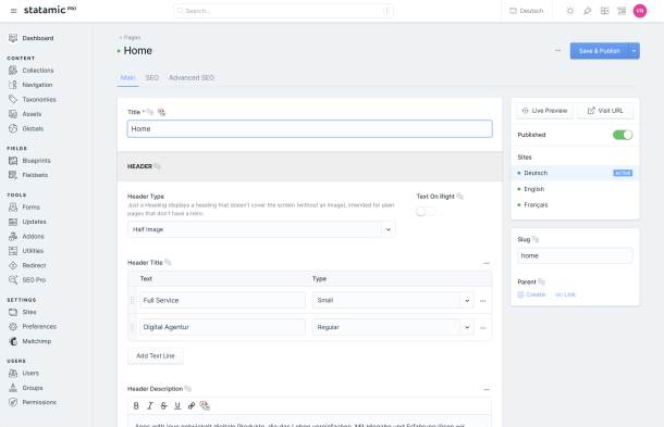 User interface of the Statamic content management system for maintaining web content