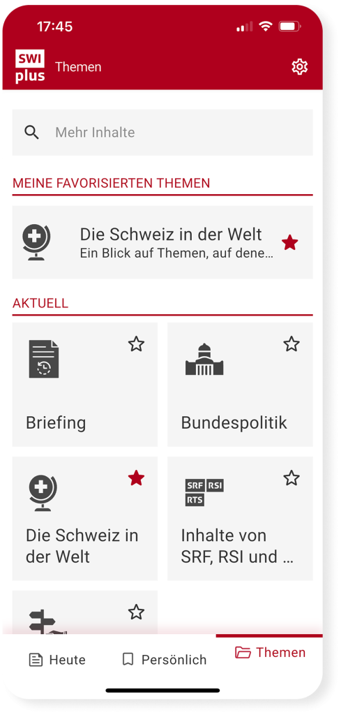 Bereich «Themen» mit verschiedenen Themendossiers in der SWIplus App