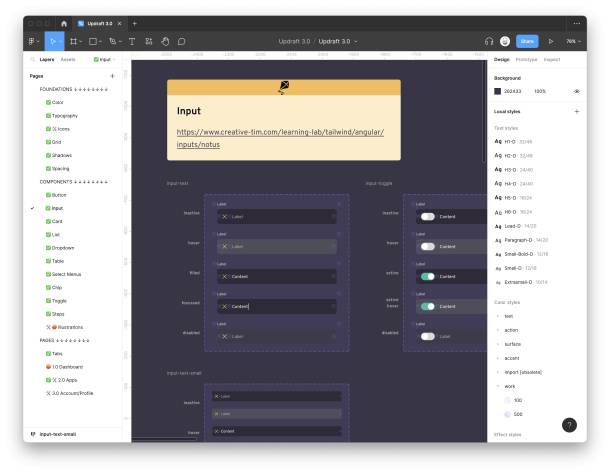 Screenshot von Updraft Komponenten in Figma: Input