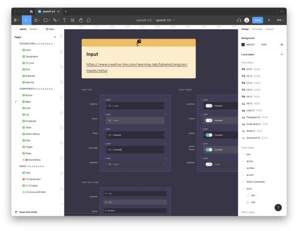 Capture d'écran des composants Updraft dans Figma : Input